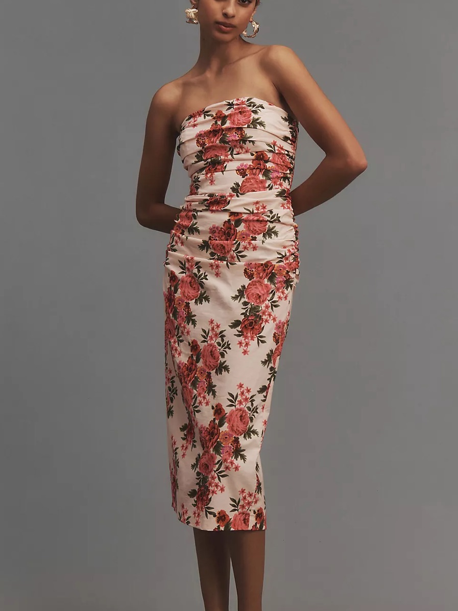 By Anthropologie Strapless Ruched Slim Dress. Pink Floral Combo. Size Large